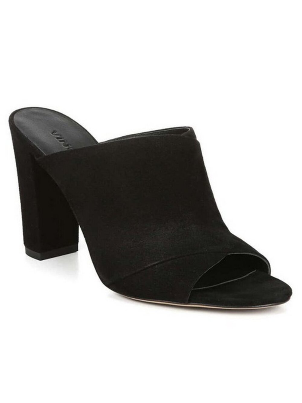 NEW Vince Heath Black Suede Block Heel Mules Cross Strap Slide Sandals US 7.5